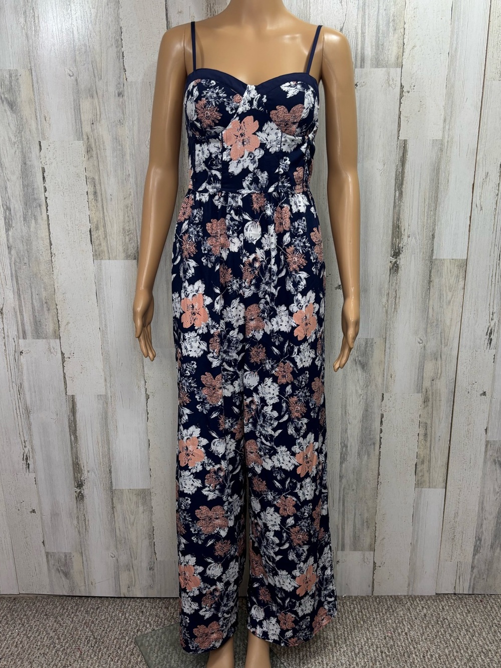 Band of Gypsies Floral Navy Jumpsuit with Pink & White Flowers